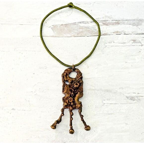 Vintage Massive Size Modernist Brutalist Bronze Copper Brass Pendant Necklace - Picture 1 of 7